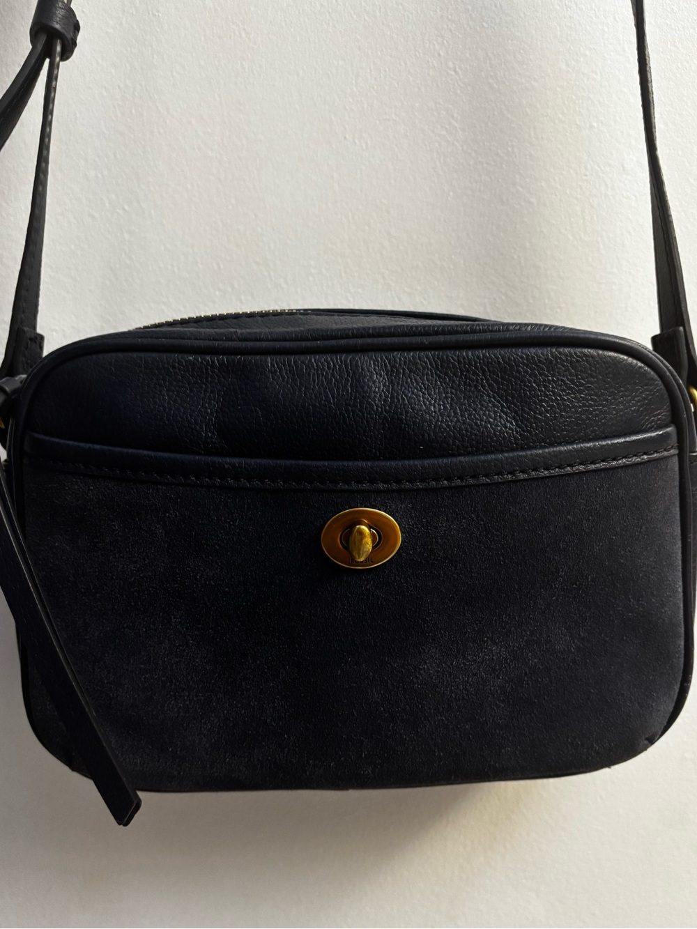 Fossil Navy Blue Leather & Suede Crossbody Bag with brass hardware.